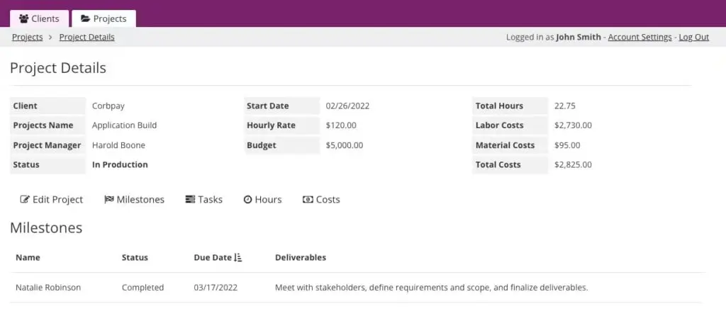 A view of the project details dashboard in the project management database app